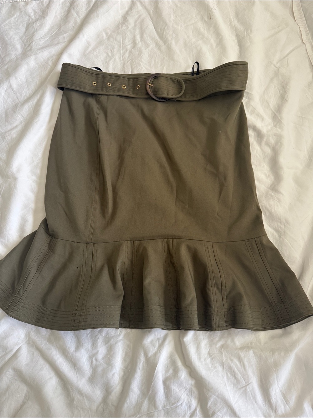 Calvin Klein Olive Green Belted Peplum Hem Skirt